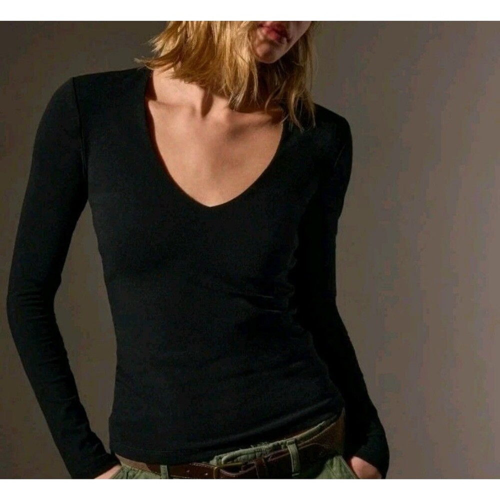 Standard James Perse Deep V-Neck Stretch Top Women's 4 (XL) Navy Long Sleeve